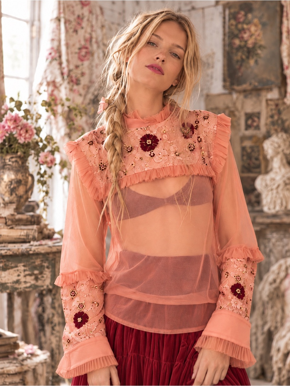 Zara Woman Premium Collection Coral Pink Sheer Mesh Embroidered Ruffle Blouse M